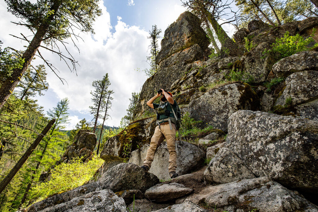 Hiker navigating rocky uneven trail terrain in Montana during summer