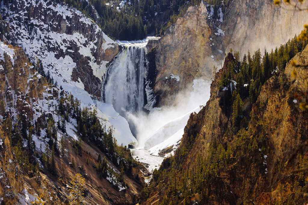 Lower Yellowstone Falls cascading into the Grand Canyon of the Yellowstone with snow lingering along the canyon walls in early spring.